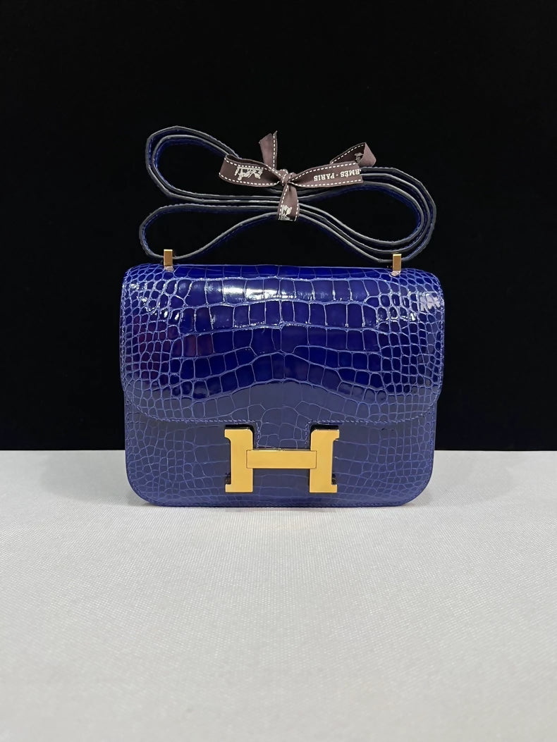 Hermes Constance 19 Electric Blue Shiny  alligator Leather Gold Hardware