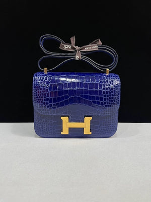 Hermes Constance 19 Electric Blue Shiny  alligator Leather Gold Hardware