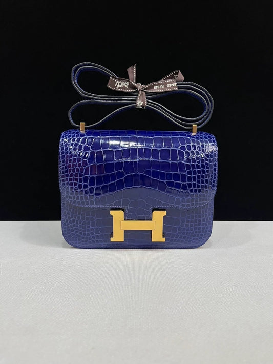 Hermes Constance 19 Electric Blue Shiny  alligator Leather Gold Hardware