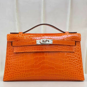 Hermès Mini Kelly Pochette Orange shiny Alligator Leather Palladium Hardware