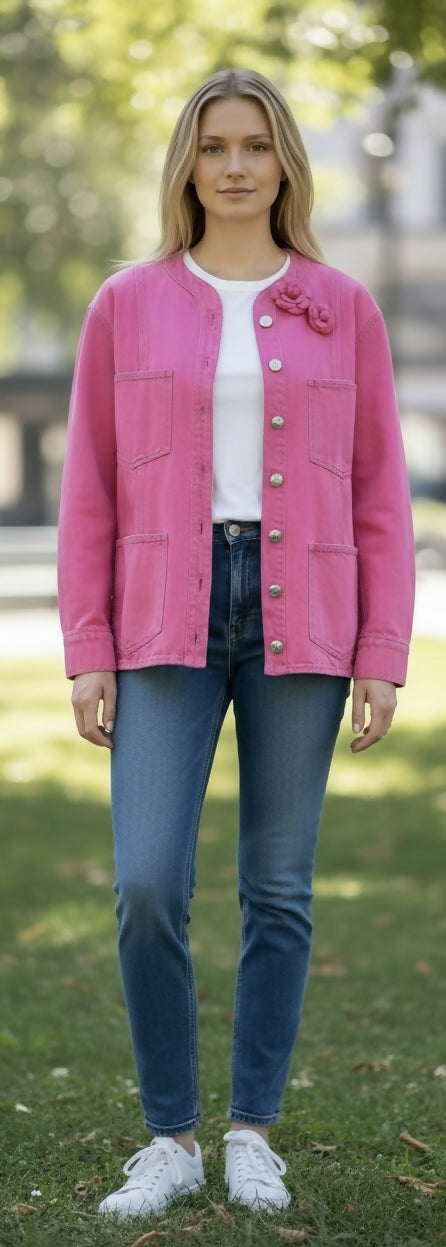 Iconic Chanel 21S Neon Pink Denim Camellia Jacket FR 36