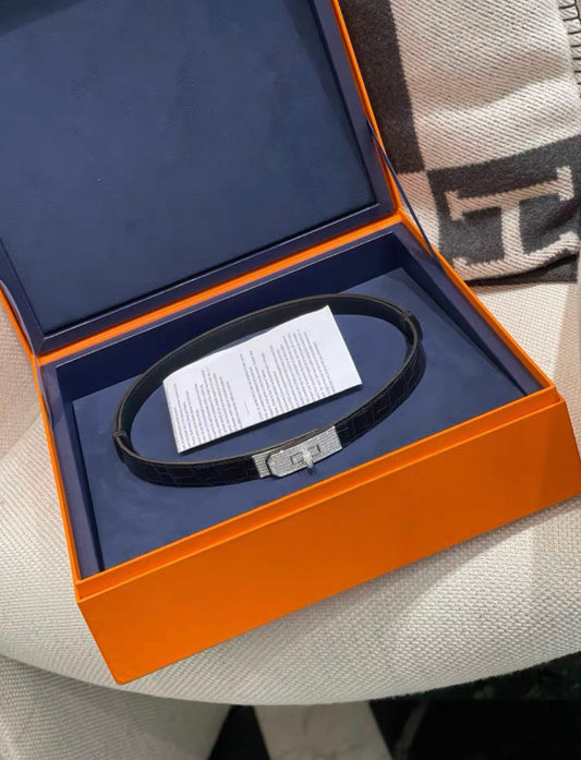 Hermès Hermes Platinum Diamond Matte Alligator Kelly Belt Black - Adjustable Accessories - Vintage fashion from Top Quality Luxury Designers Bag