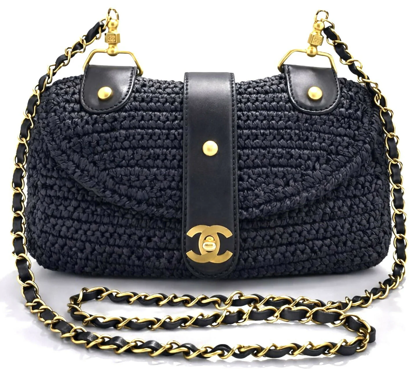 Chanel Medium Classic Dark Navy Straw Raffia Shoulder Bag GHW