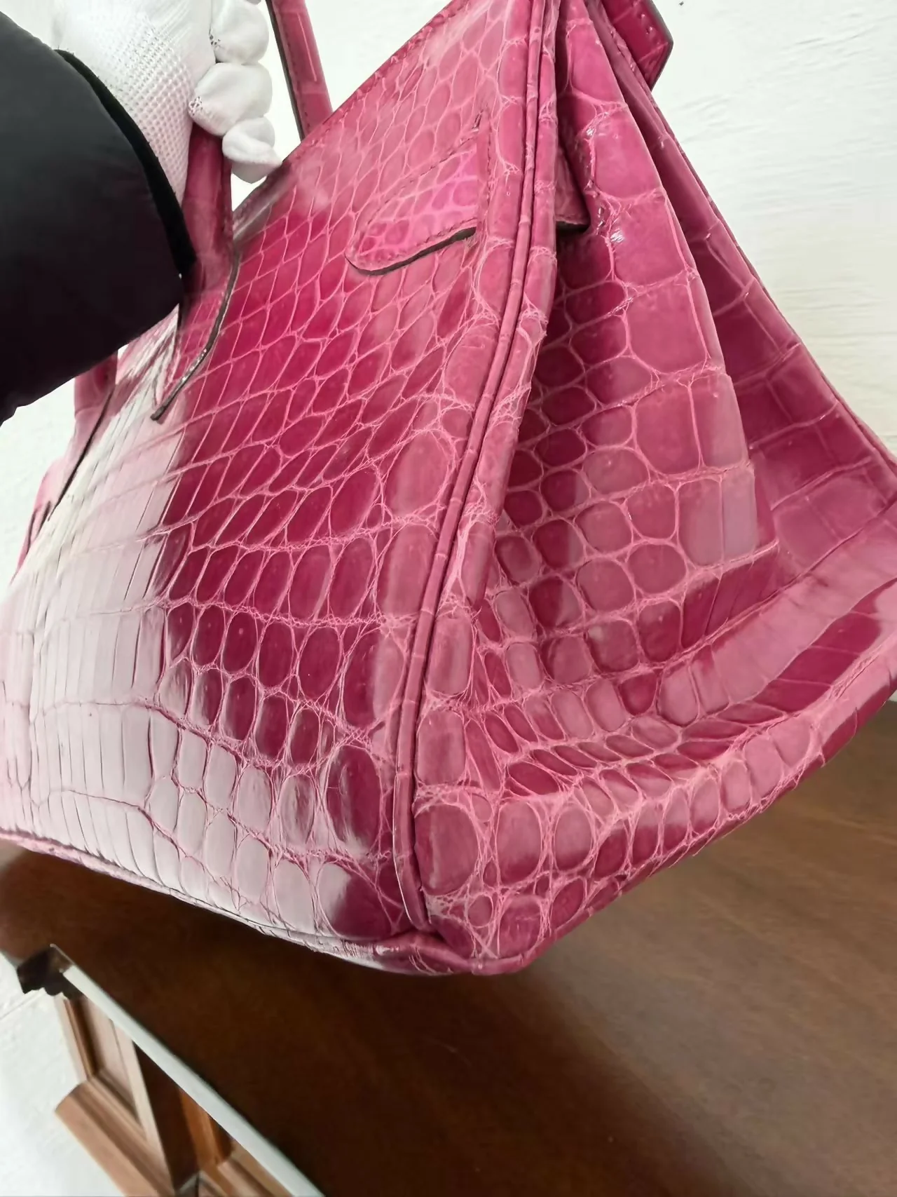 Hermes Birkin shoulder Pink shiny crocodile leather palladium harwdare