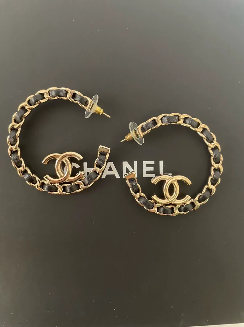 CHANEL 22P Black Leather Chain Earrings