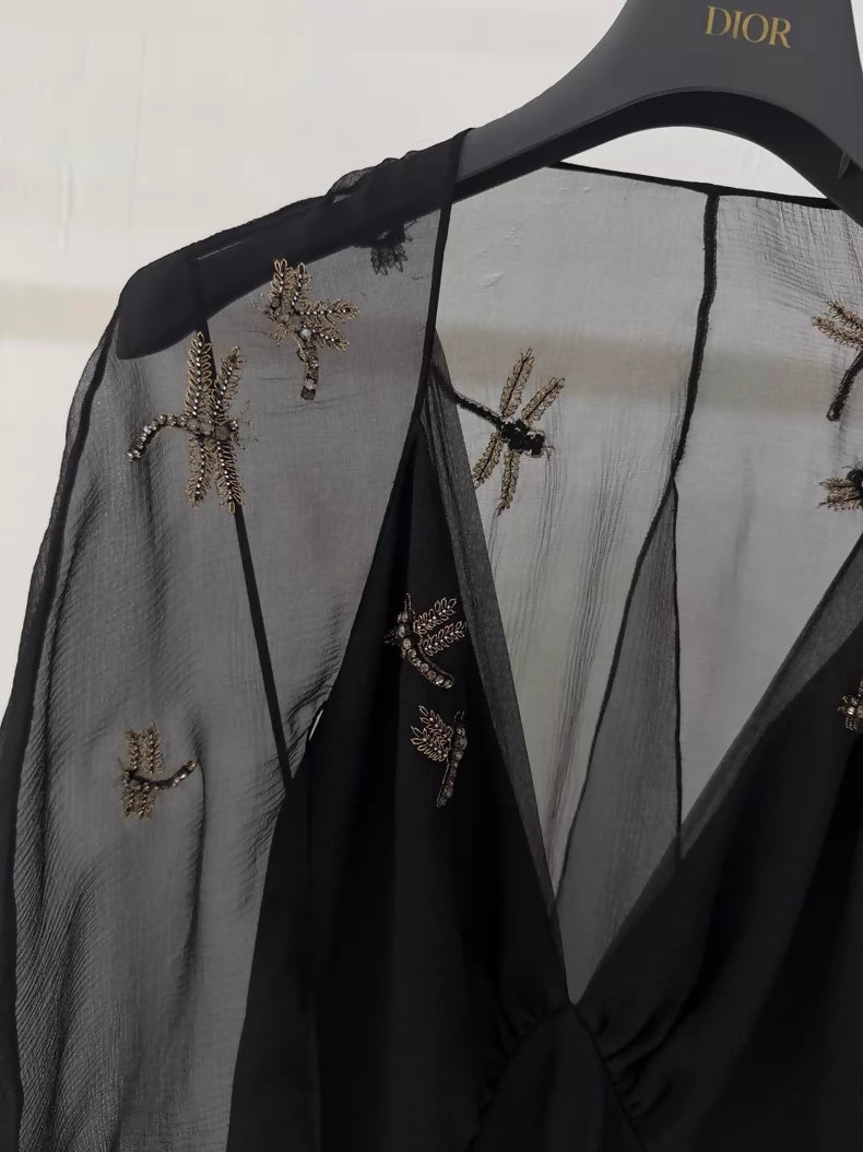 Dior black bee rhinestone embroidered evening gown