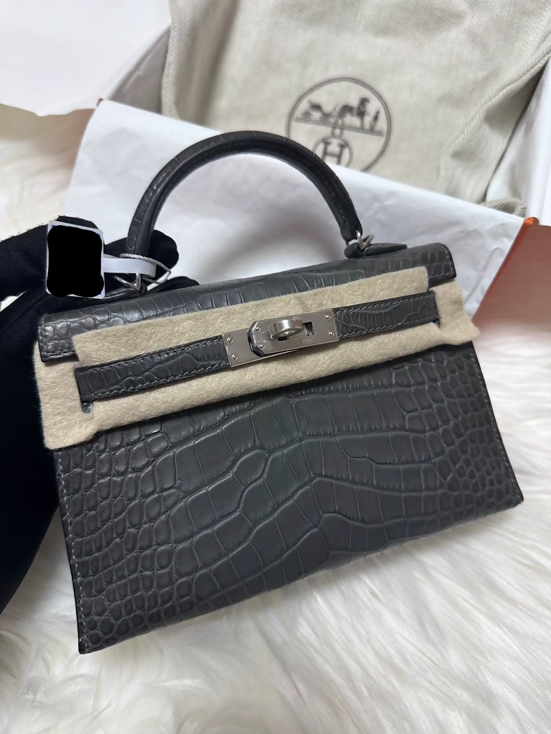 Hermes Mini Kelly 20 Graphite (88) matte crocodile leather palladium hardware
