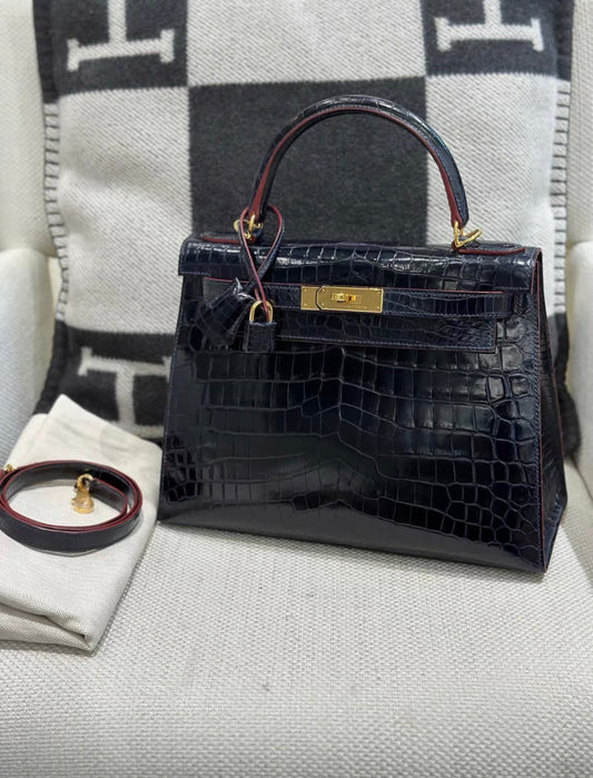 Hermès Hermes Kelly28 glossy croco leather dark blue with red edge Stamp X - 28 Crossbody Bag - Vintage fashion from Top Quality Luxury Designers Bag