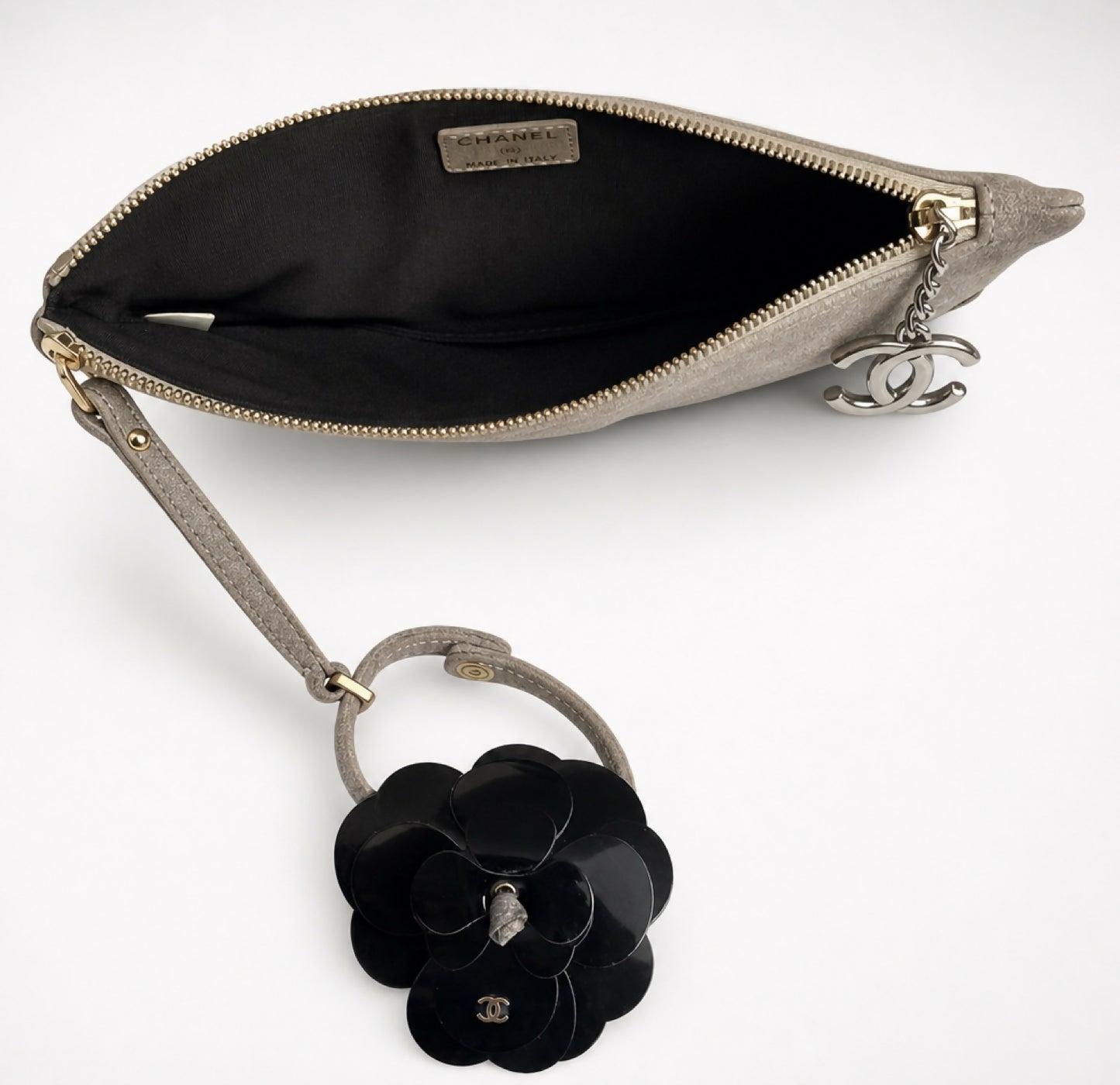 CHANEL TAUPE SUEDE LEATHER CAMELLIA BRACELET WRIST CLUTCH BAG