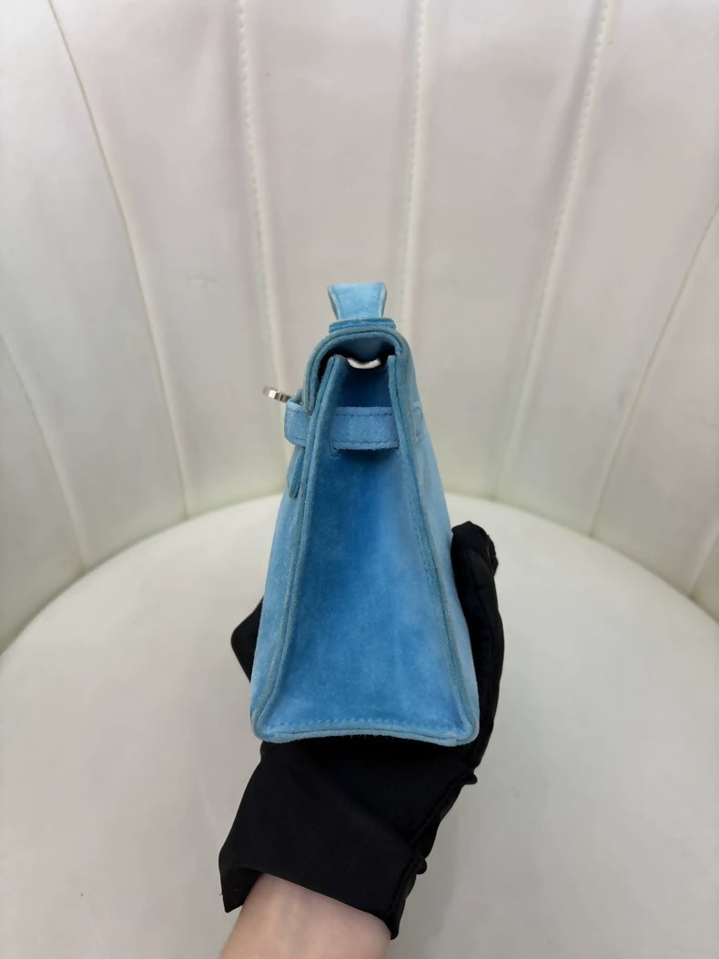Hermès Kelly pochette Doblis blue atoll suede leather palladium hardware