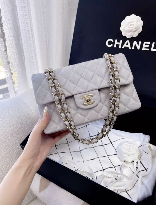 CHANEL Chanel Small Classic Double Flap Pearl Grey Caviar Gold Hardware - Small Crossbody Bag - Vintage fashion from Top Quality Luxury Designers Bag