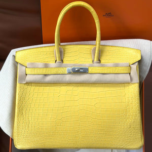 Hermès Birkin 35 Jaune Marigold Porosus Crocodile Matte with Palladium Hardware