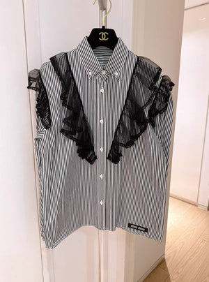 Miu Miu black and white striped lace shirt