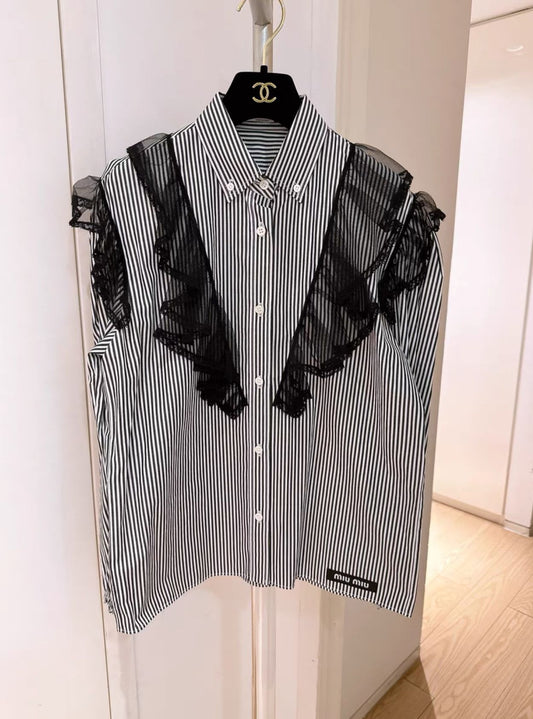 MIU MIU Miu Miu black and white striped lace shirt - Medium Shirt - Vintage fashion from Top Quality Luxury Designers Bag