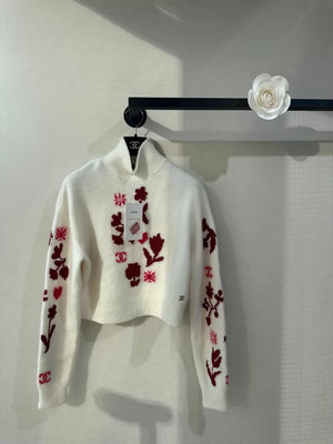 Chanel Ski Collection White Floral Turtleneck Cashmere Sweater