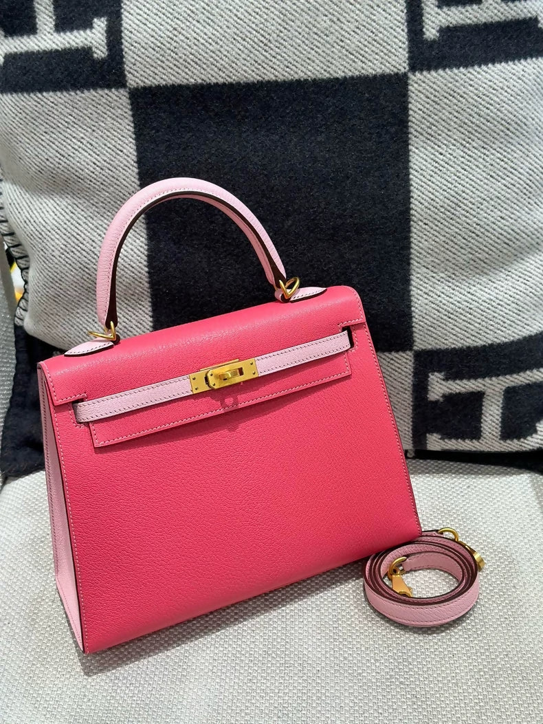 Hermes Kelly 25 Lipstick Pink  Pink Sakura Goat Leather brushed gold hardware