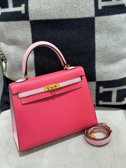 Hermes Kelly 25 Lipstick Pink  Pink Sakura Goat Leather brushed gold hardware