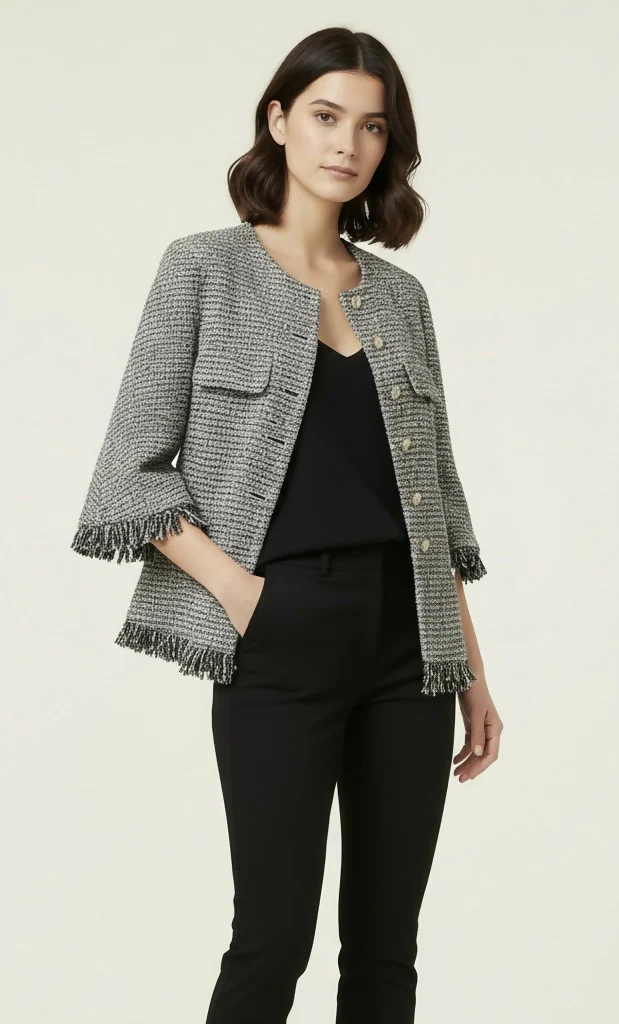 Chanel 18P Black White Ecru Boucle Tweed Fringe Jacket FR 44