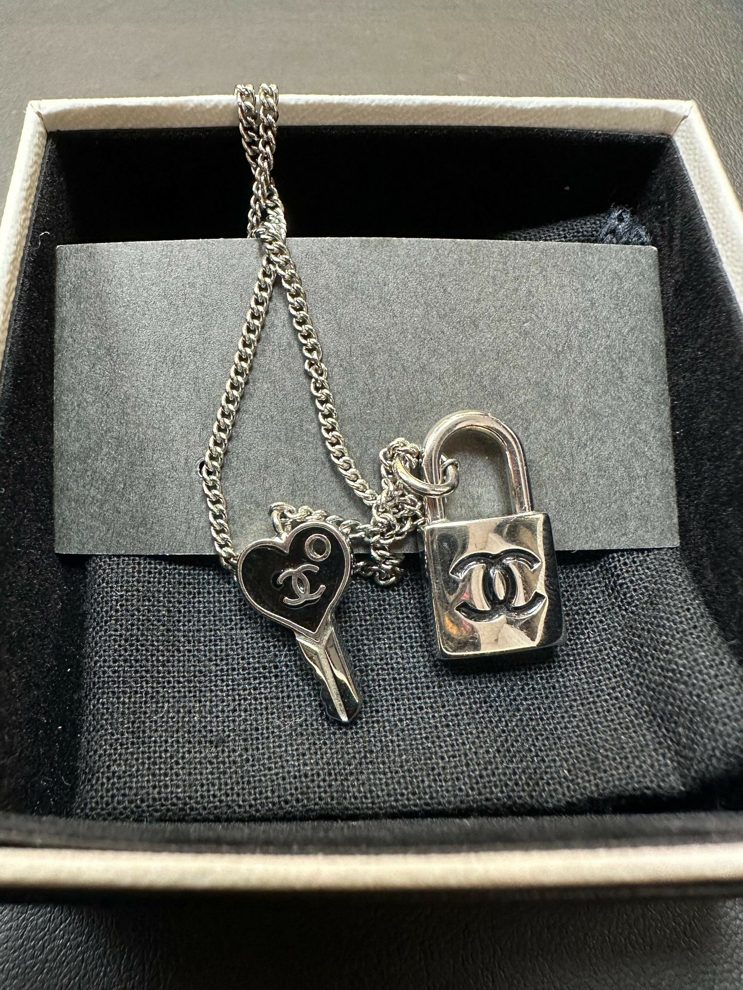 Chanel Vintage 07P Metal CC Logo Silver Black -Tone Padlock and Key Necklace