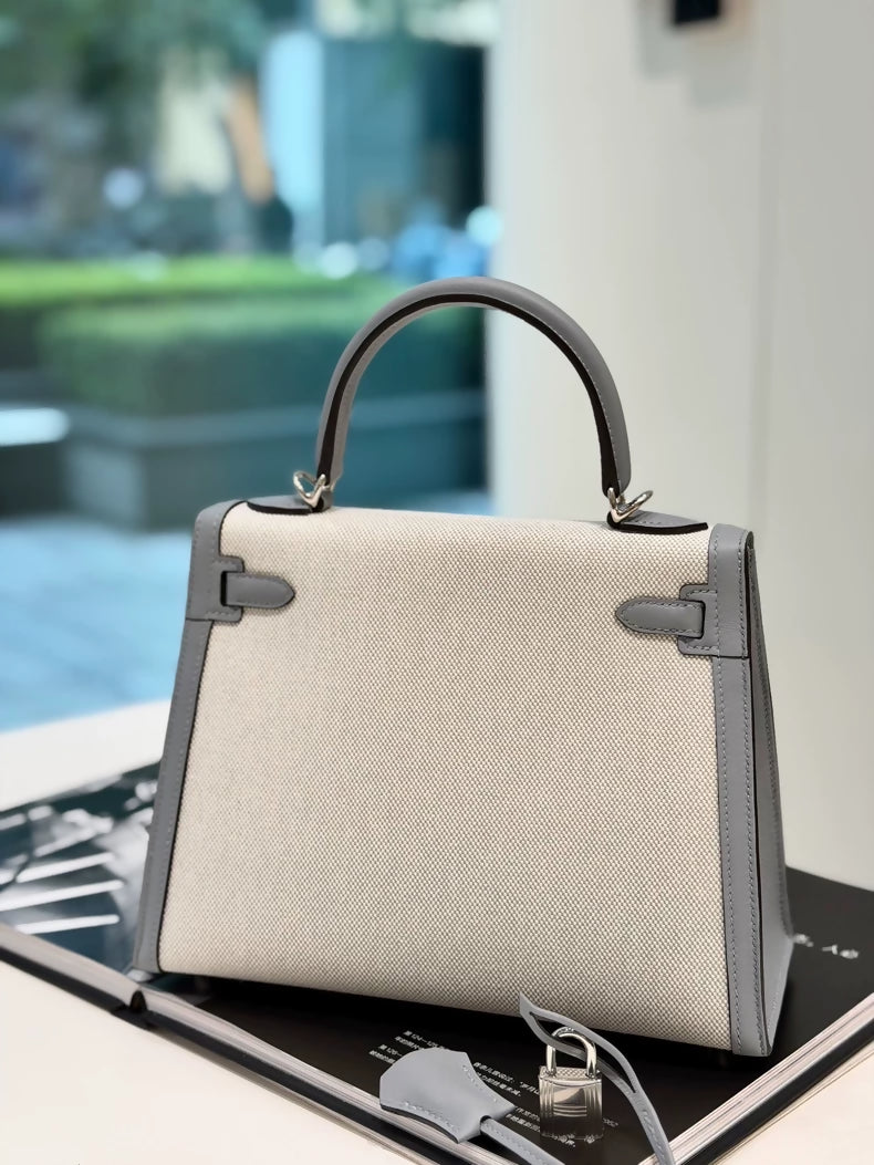 Hermes Kelly 25 toile grey swift leather palladium hardware