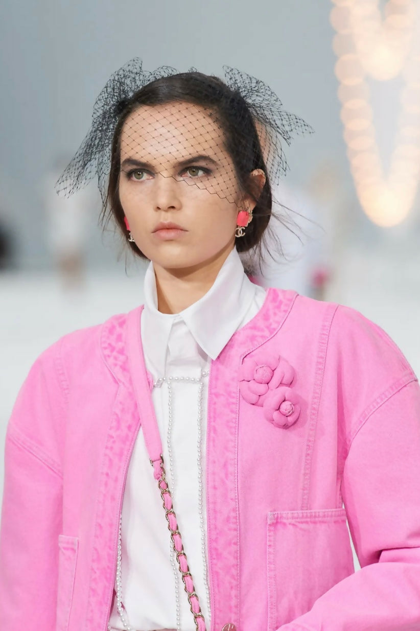 Iconic Chanel 21S Neon Pink Denim Camellia Jacket FR 36