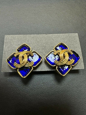 Chanel Vintage 94 Gripoix  Gold-plated Blue CC Clip-on Earring