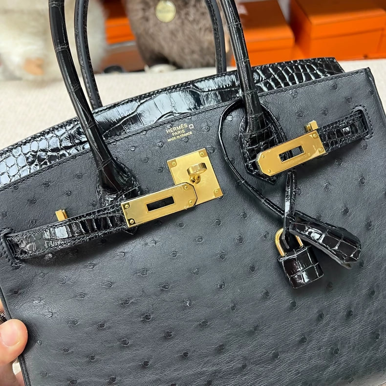Hermès Birkin touch 30 black ostrich/shiny crocodile leather gold hardware