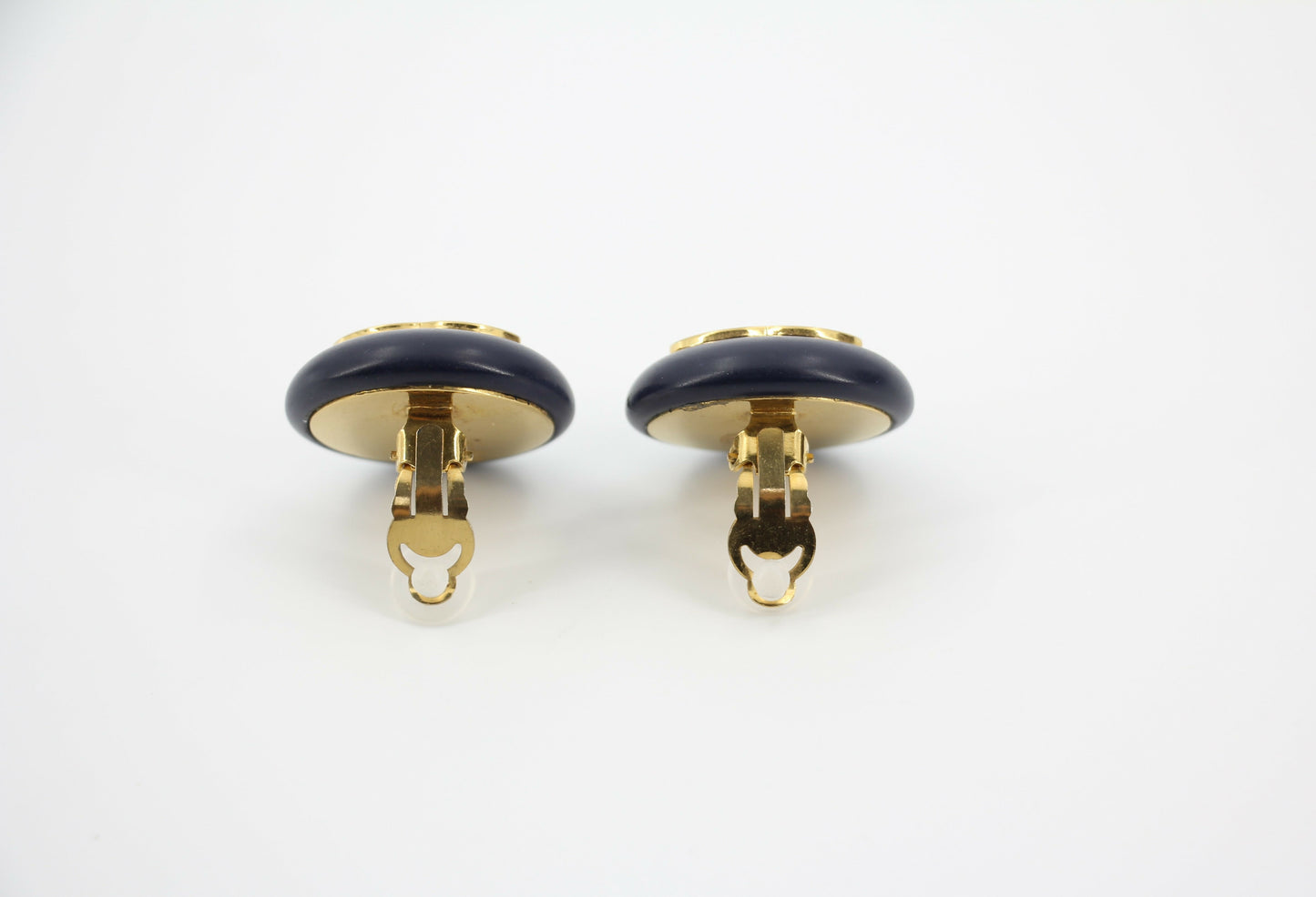Chanel Vintage 87 Resin Navy Blue CC Logo Large Round Clip-on Earrings