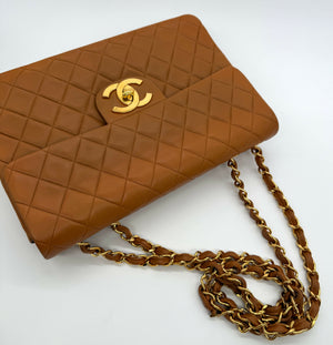 Chanel Vintage 1990s Caramel Brown Lambskin Maxi Single Classic Flap Bag - Series 2