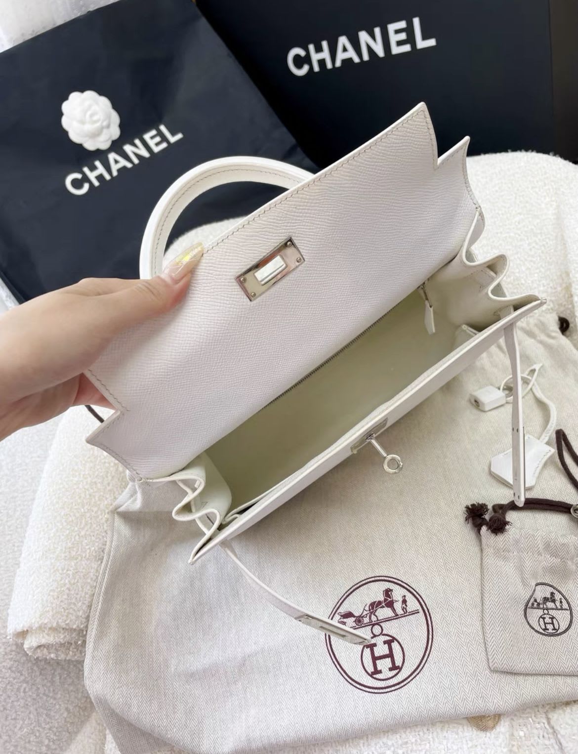 Hermes Kelly 28 pure white epsom leather palladium hardware