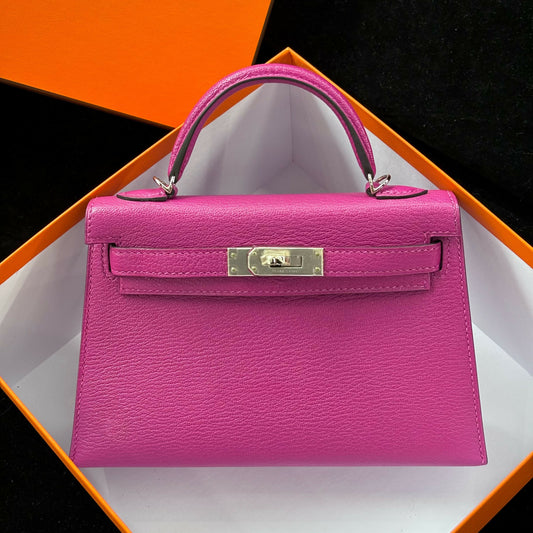 Hermès Mini Kelly 20 Rose Pourpre Chèvre Mysore with Palladium Hardware