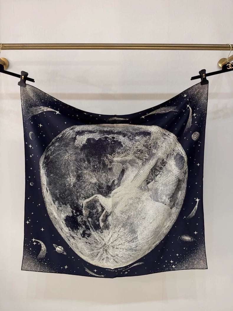 Hermes Limited Edition Deep Blue Moon Silk Scarf