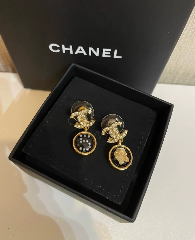 Chanel Camellia No. 5 Black and Gold Earrings