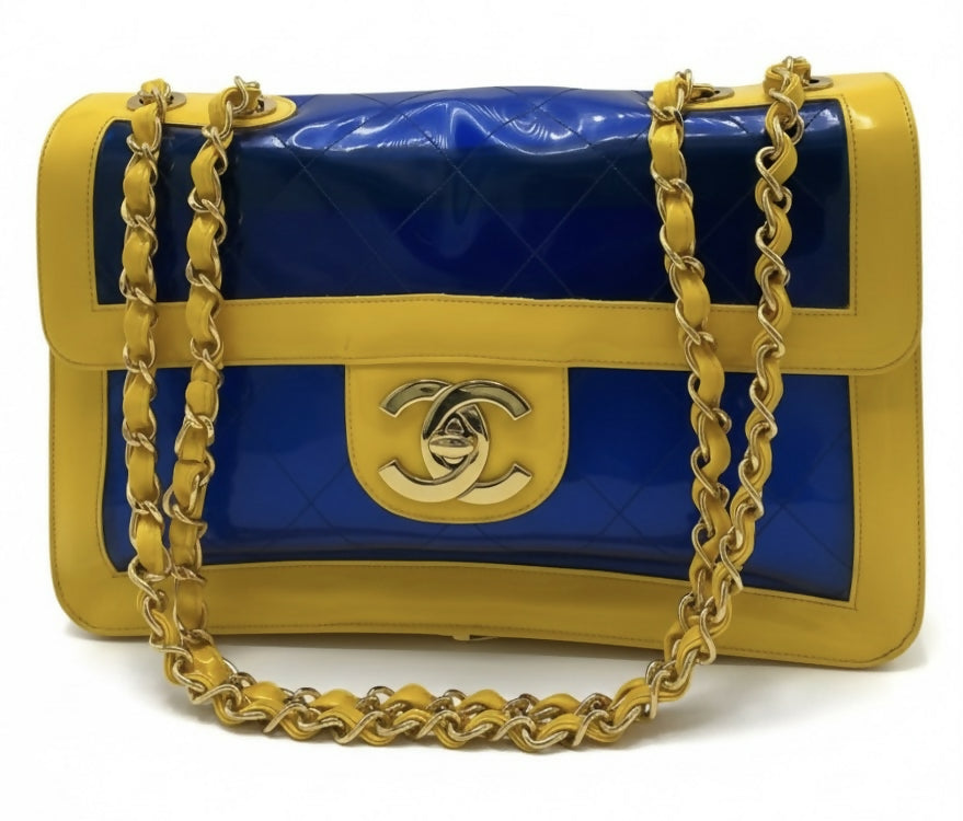 Chanel Ultra Rare 1995 Barbie Collection Yellow Blue Maxi PVC Vinyl Patent Flap Bag