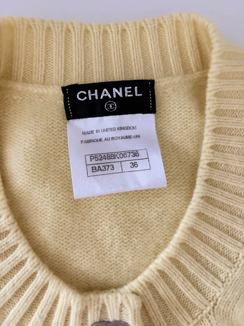 Chanel 15B Pale Yellow CC Button Wool Cardigan