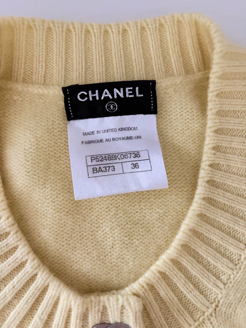 Chanel 15B Pale Yellow CC Button Wool Cardigan