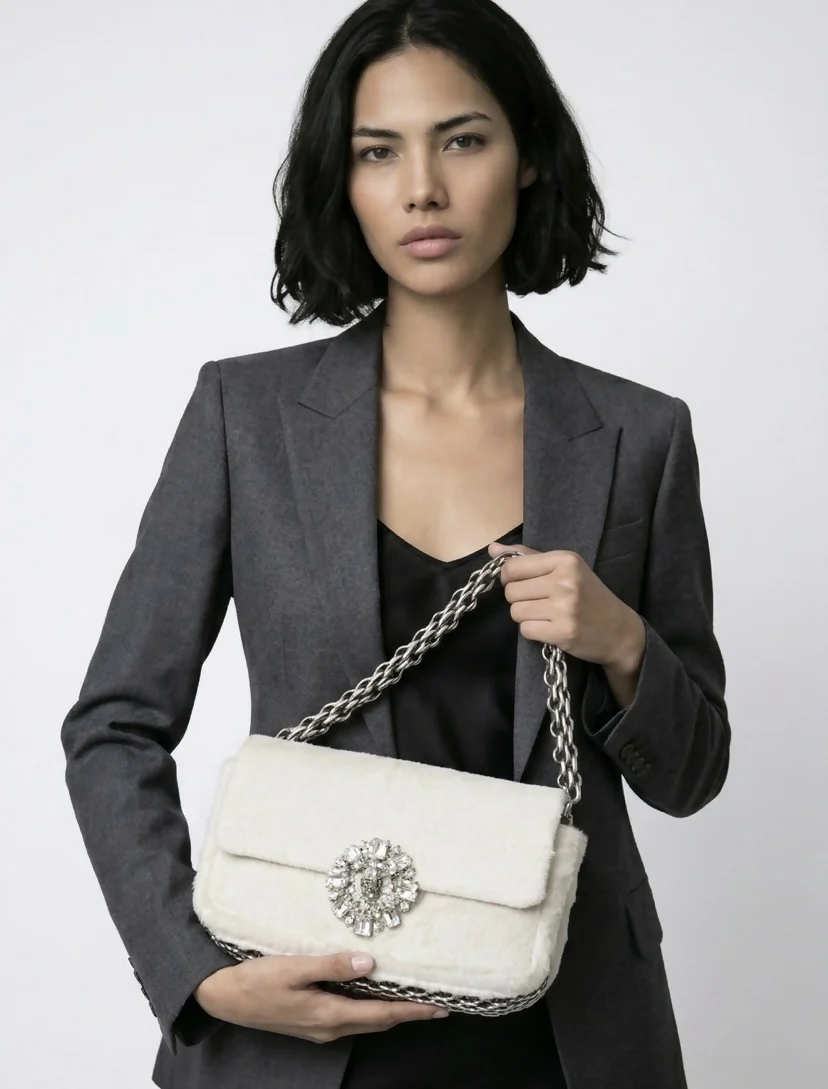 Ultra Rare Chanel 08A Huge Swarovski CC White Pony Classic Medium Flap Bag