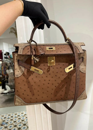 HERMES 32 ÉTRUSQUE, MOUSSE  MARRON FONCÉ OSTRICH GHILLIES RETOURNÉ WITH PERMABASS HARDWARE