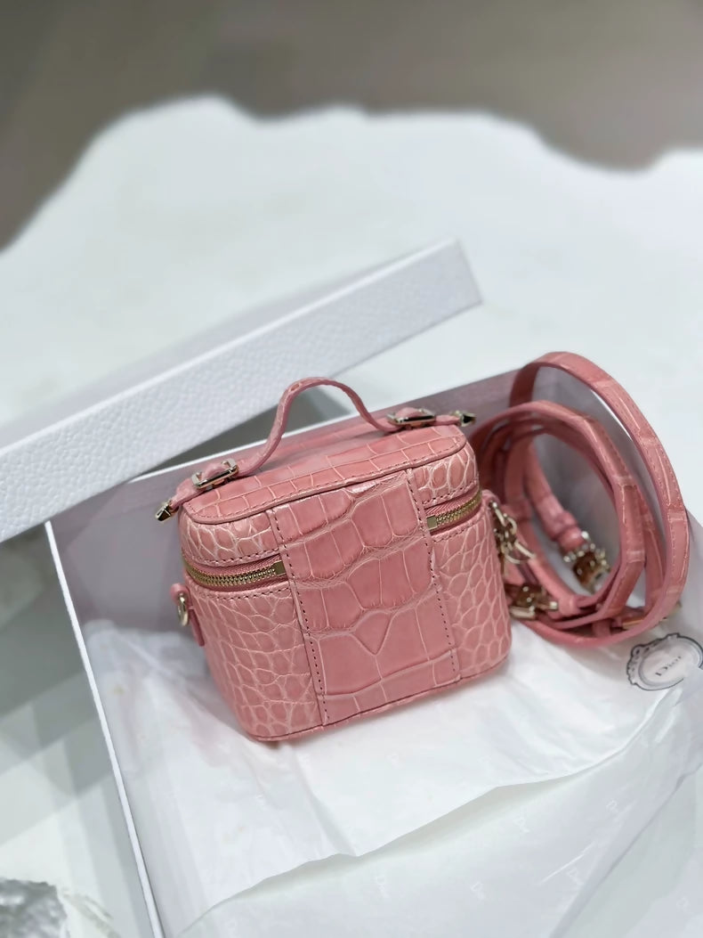 Dior Super Mini Lady Vanity Nude Pink Matte alligator Box Makeup Bag