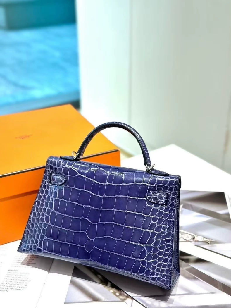 Hermes Mini Kelly 20 M3 in ink blue shiny crocodile leather palladium hardware