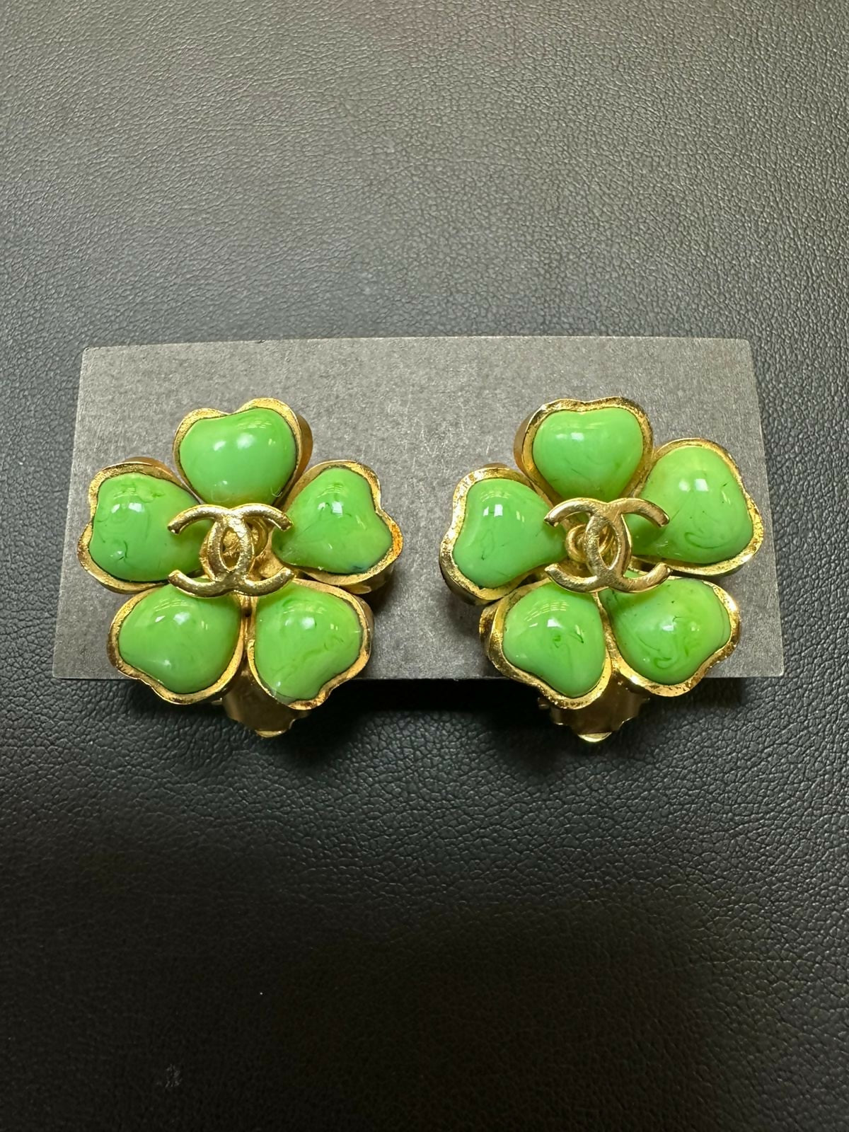 Chanel Vintage 97P Gripoix  Gold Plated Green Camellia Clip-on Earrings