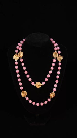 Chanel Pink Glass and Gold Lion Head Long Necklace/Sweater Chain