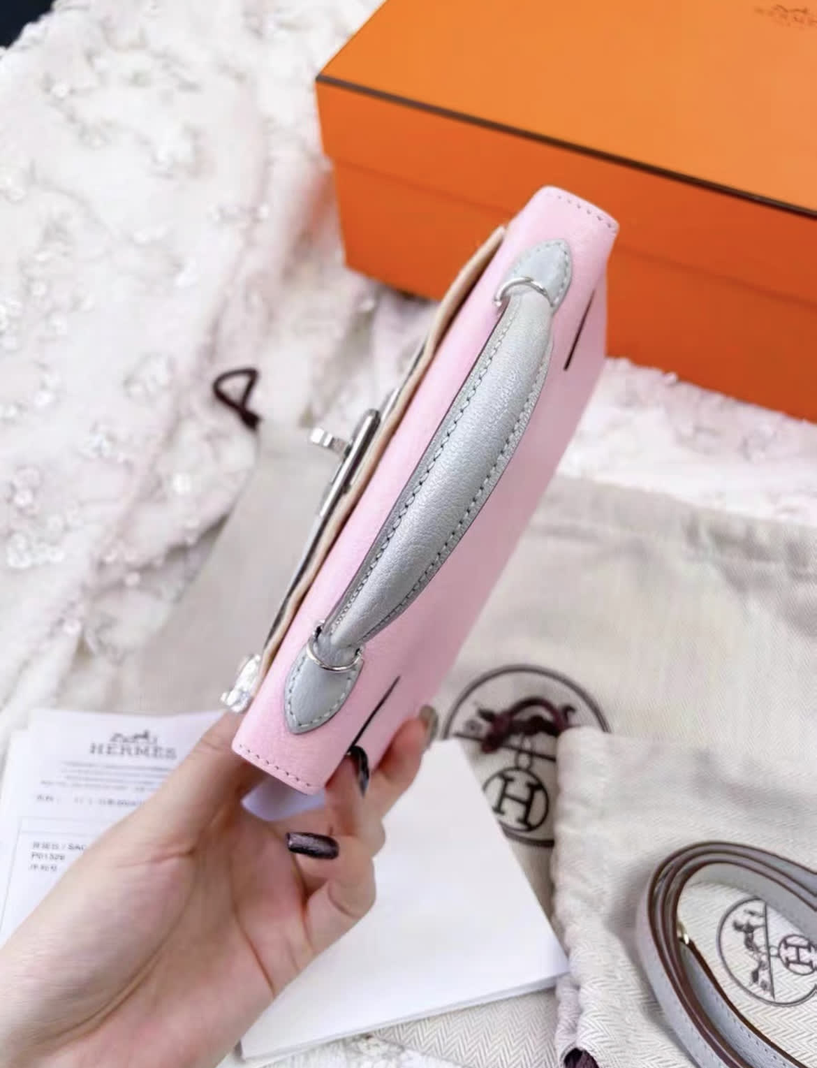 Hermes Mini Kelly II 20 Rose Sakura  Gris Perle Chèvre permabrass hardware