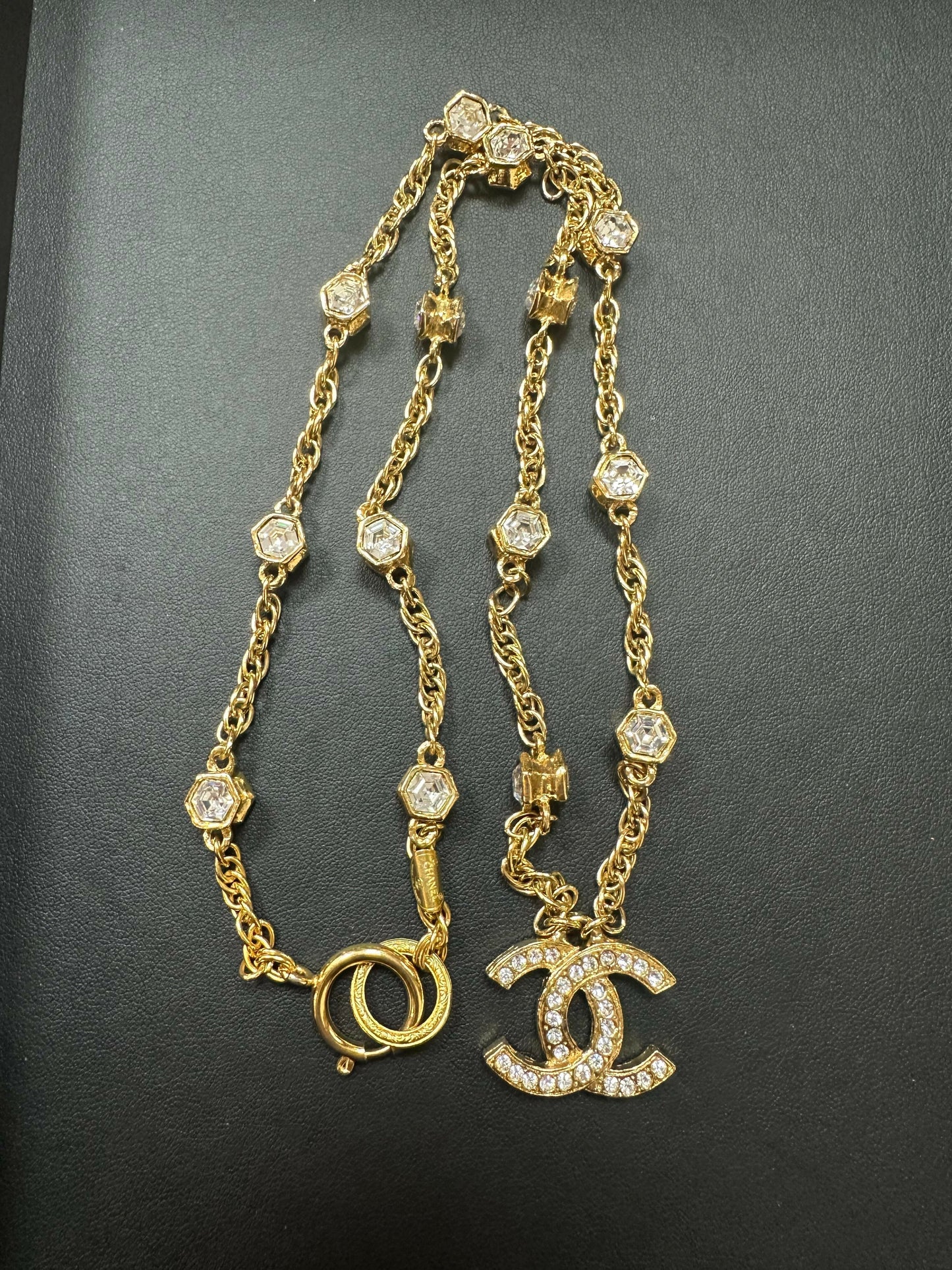 Chanel Vintage 71-80 Rhinestone  Gold Plated Double-Sided CC Long Necklace