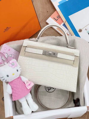 Hermès Mini Kelly 20 cream white Matt crocodile leather palladium hardware