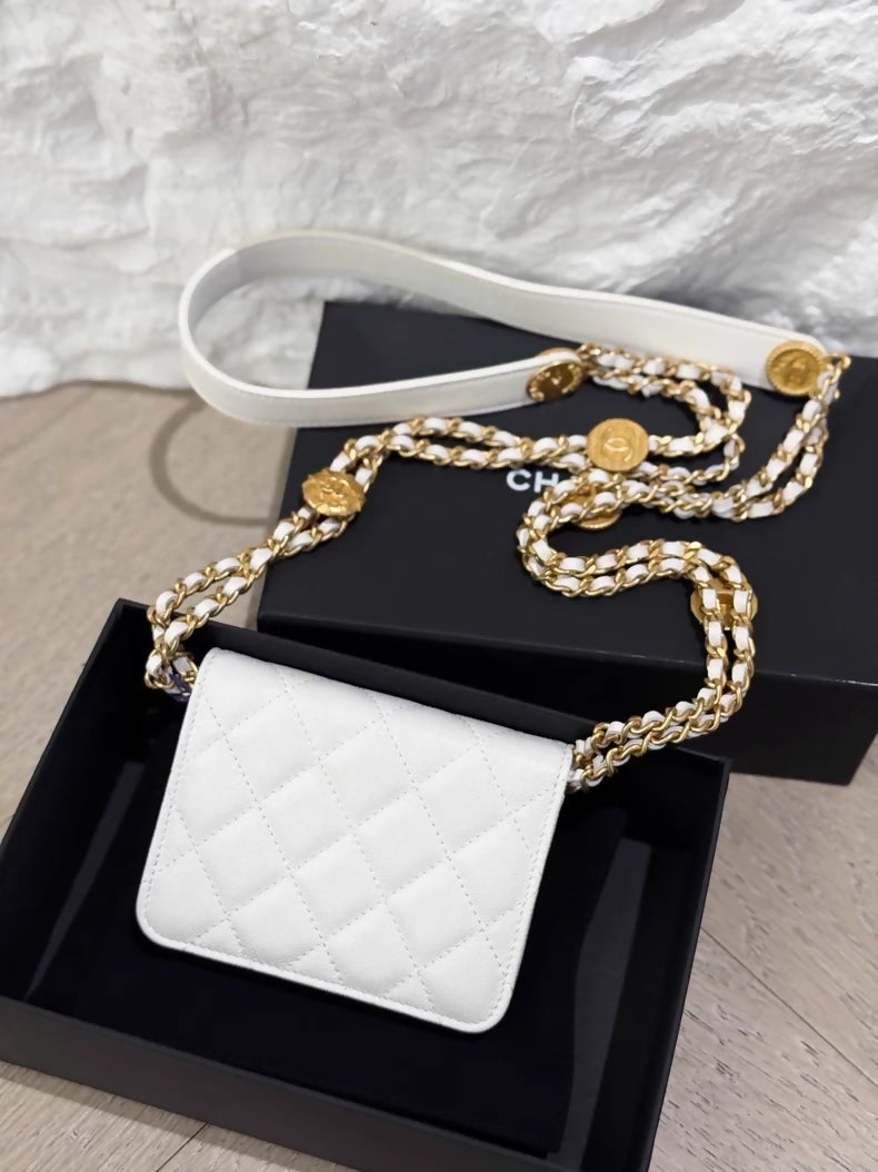 Chanel white leather mini WOC coin purse with gold hardware