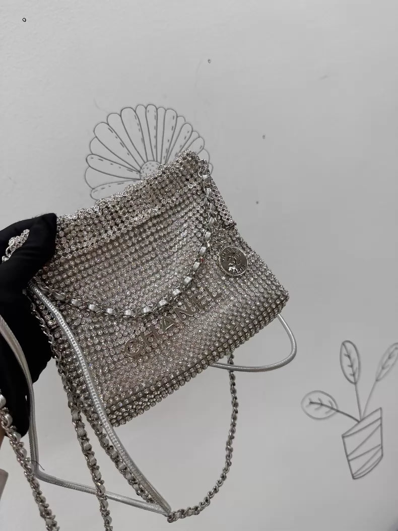 Chanel mini 22 bag silver with full diamond embellishments