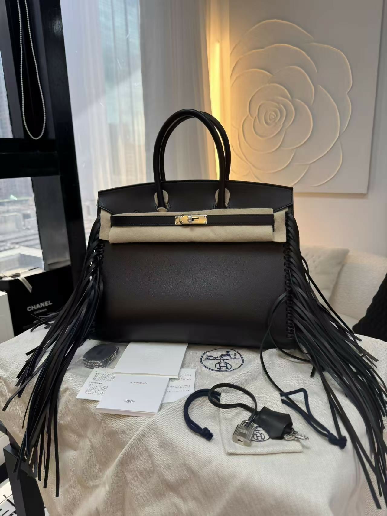 Hermès Birkin 35 Black Evergrain Leather Handbag with Silver Hardware and Fringe