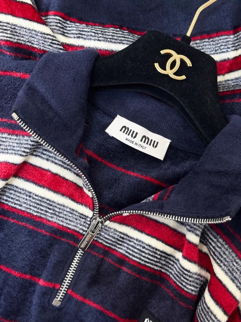 Miumiu Spring/Summer 2026 Blue Velvet Striped Zippered Neck Terry Fabric Polo Shirt top