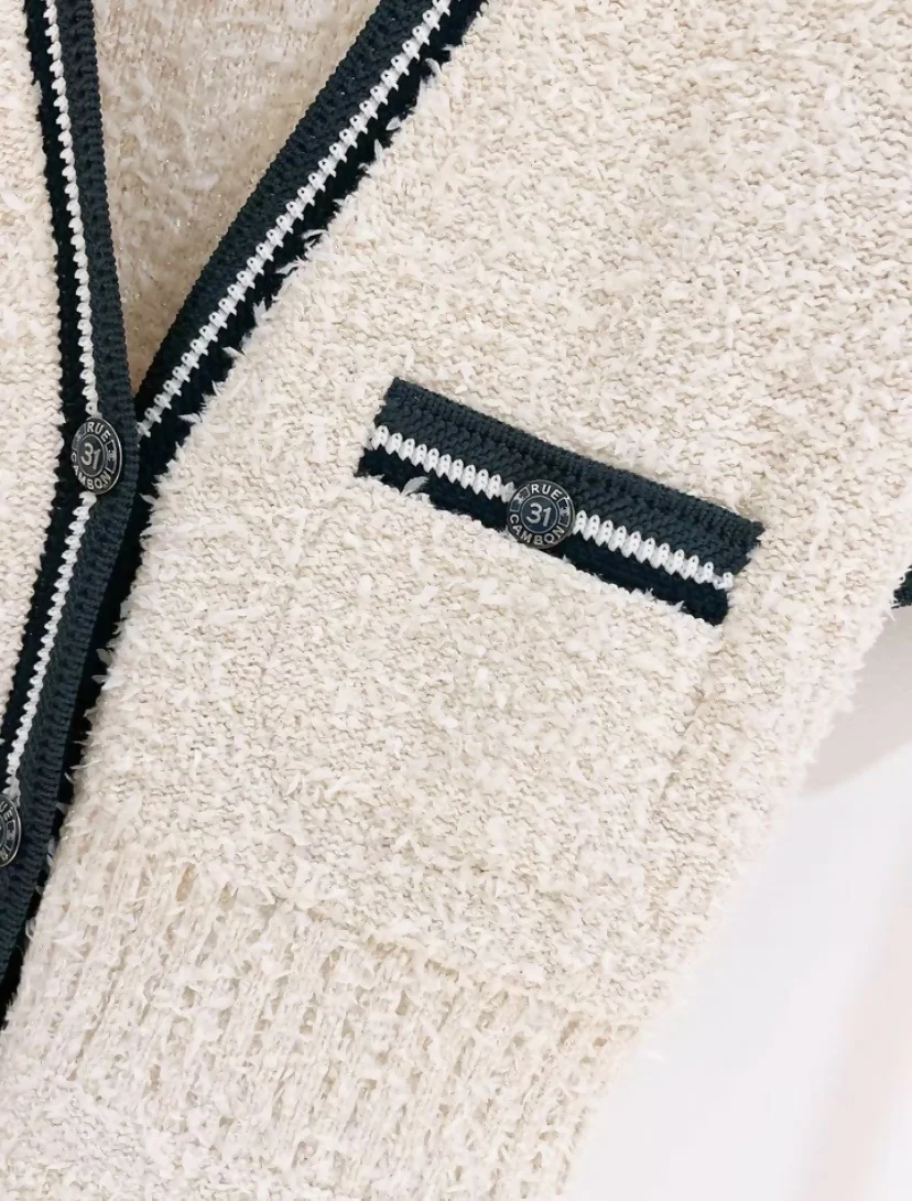 Chanel 19P Sand by the Sea Fantasy Tweed Ivory Navy Short Sleeve Dress FR 36